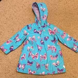 EUC Hatley Turquoise Hooded Raincoat with Pink & Purple Butterflies, size 5